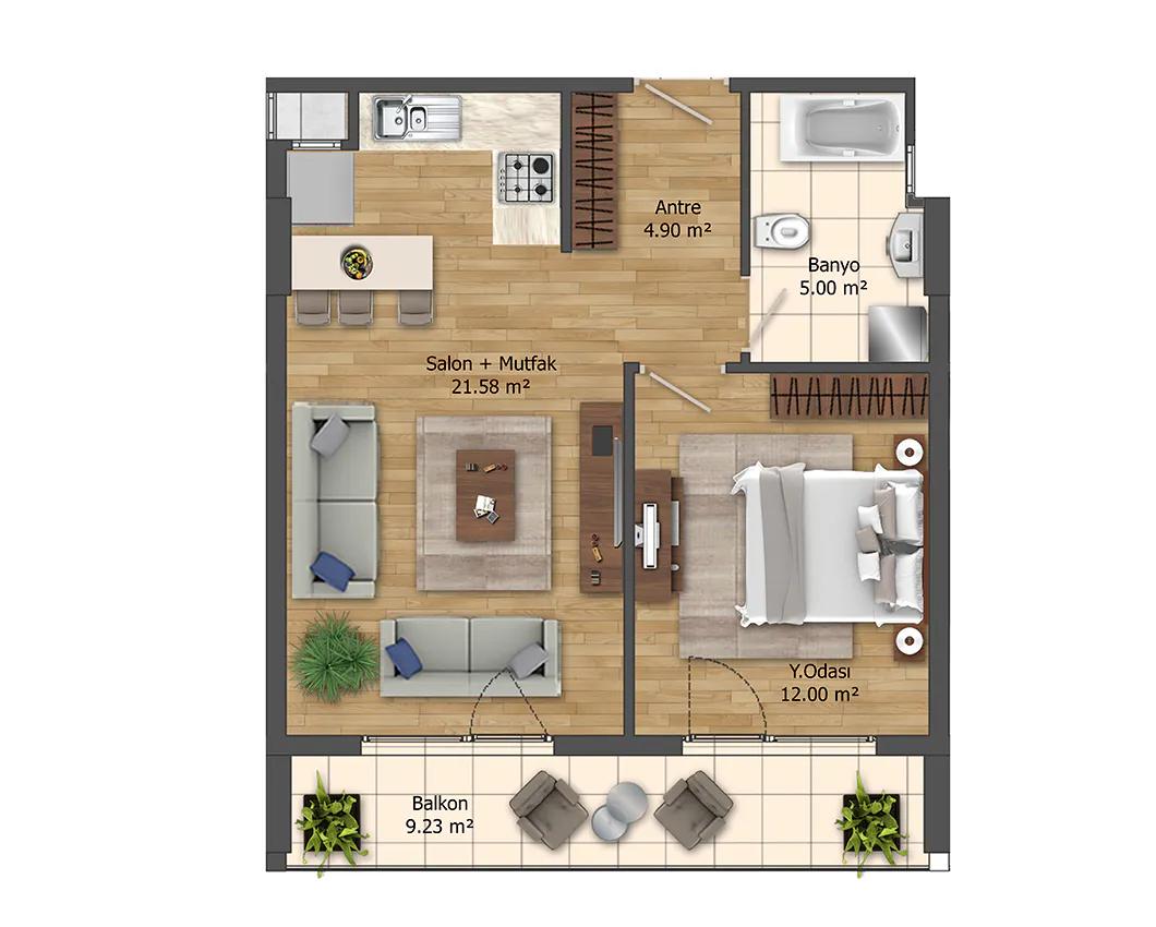 ЖК HAYAT PARK 1 STILL RESIDENCE - планировка спальня и кухня-гостиная