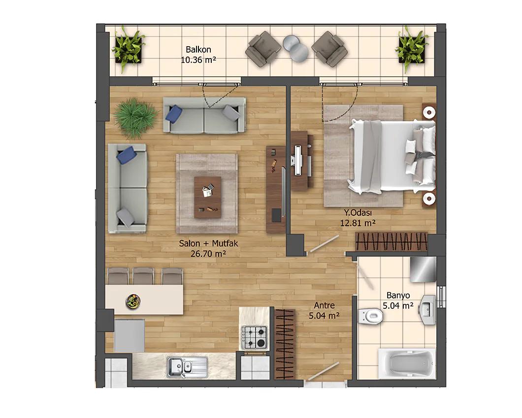 ЖК HAYAT PARK 1 STILL RESIDENCE - планировка спальня и кухня-гостиная