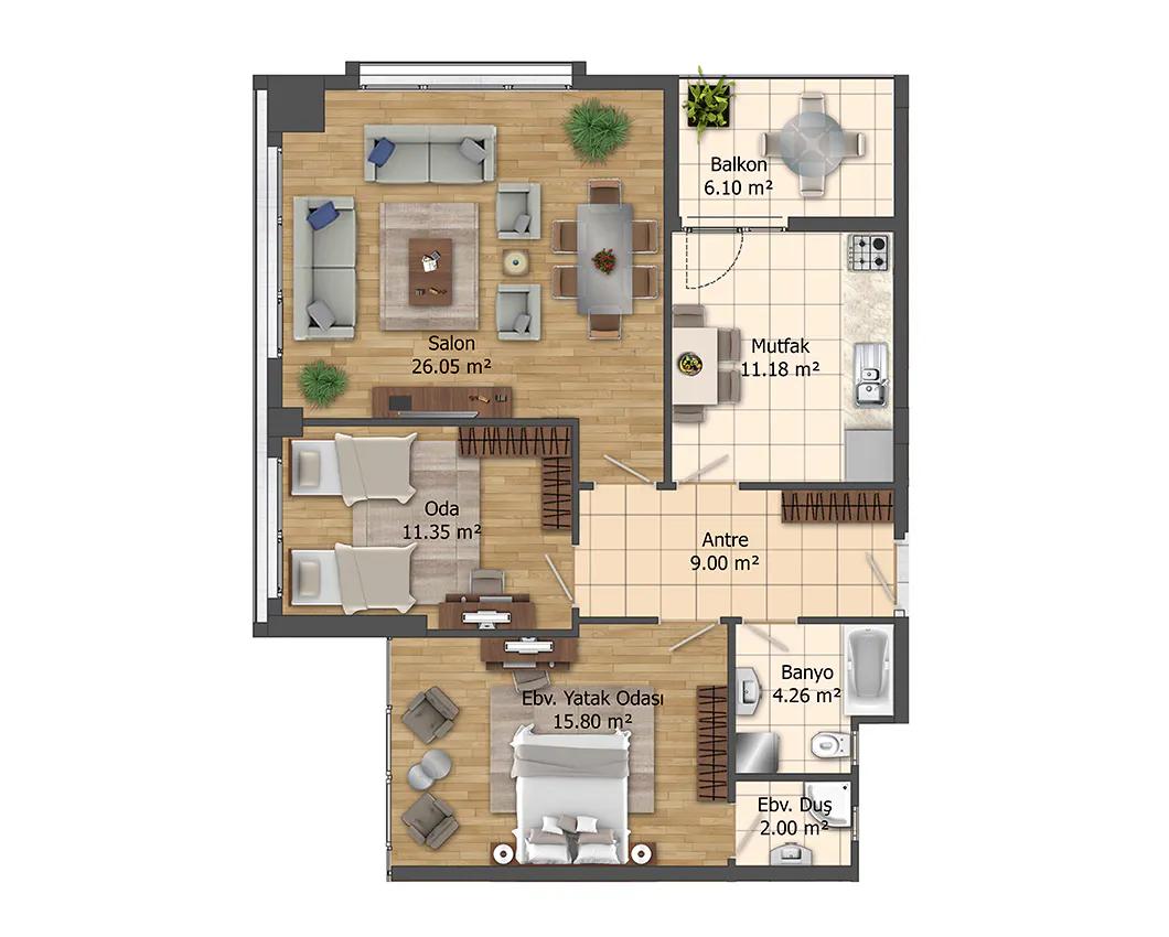 ЖК HAYAT PARK 1 STILL RESIDENCE - планировка 2 спальни и гостиная