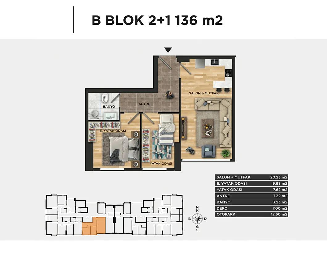 ЖК HAYAT PARK 7 KIZ KULE - планировка 2 спальни и кухня-гостиная