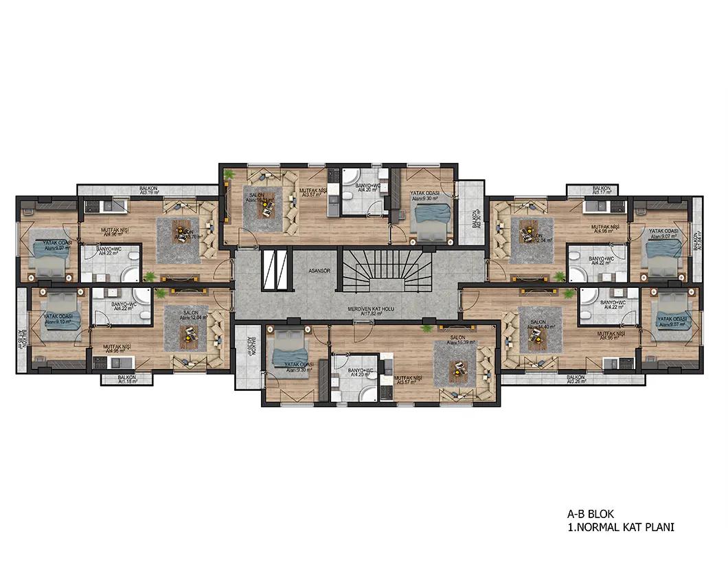 ЖК HAYAT PARK 11 LALAPASA CITY - планировка спальня и кухня-гостиная