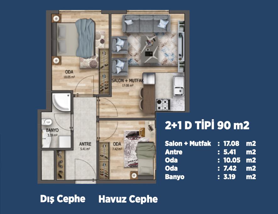 ЖК HAYAT PARK 4 ELIT HOUSE - планировка 2 спальни и кухня-гостиная