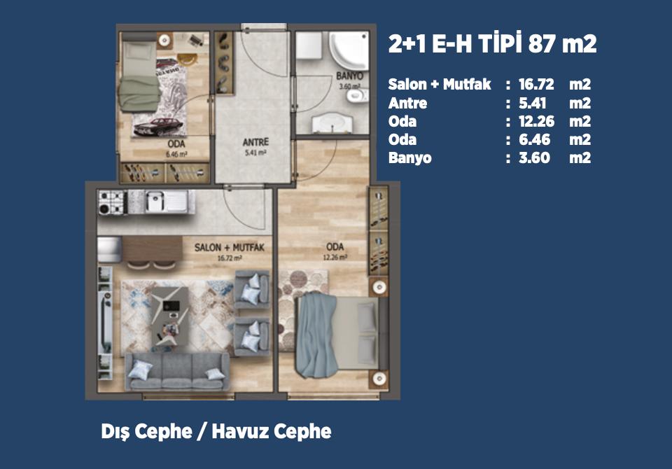 ЖК HAYAT PARK 4 ELIT HOUSE - планировка 2 спальни и кухня-гостиная
