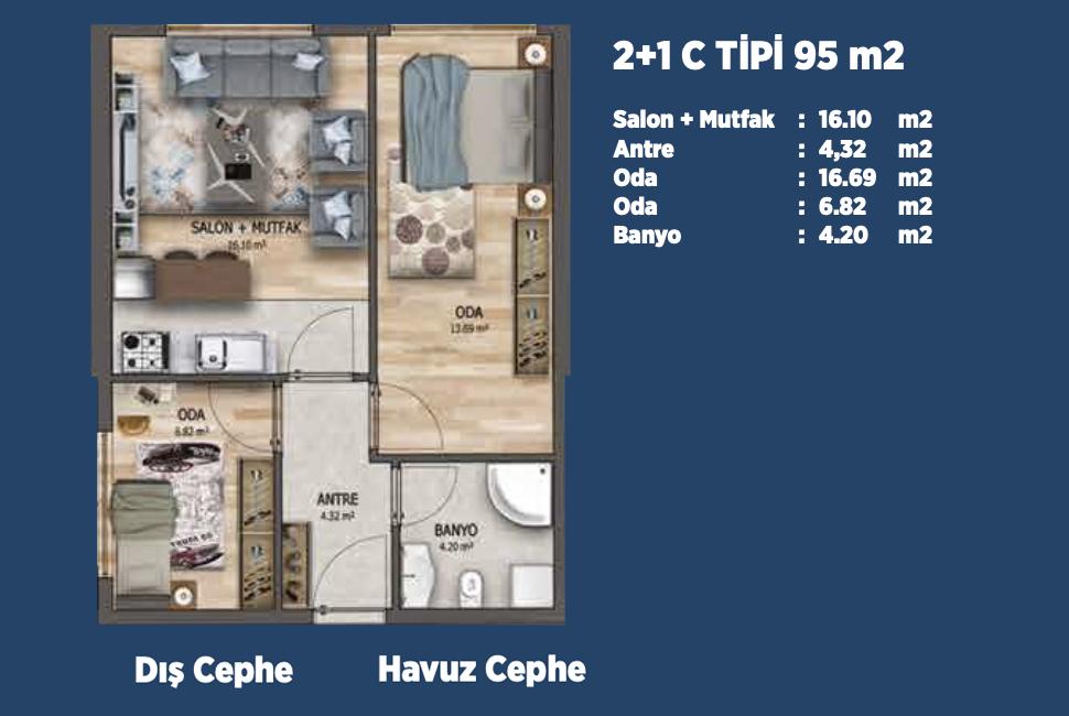 ЖК HAYAT PARK 4 ELIT HOUSE - планировка 2 спальни и кухня-гостиная